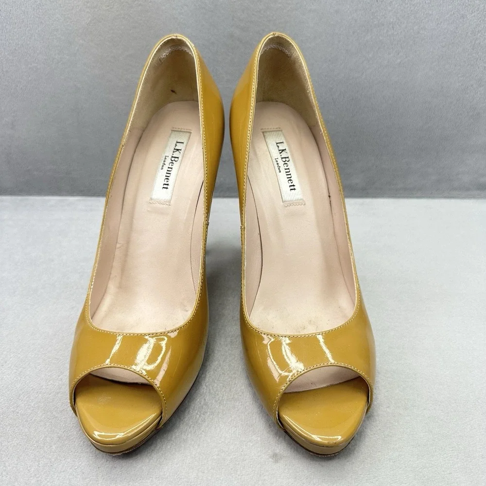 Womens 6.5 / EU 37.5 LK Bennett Pumps Mustard Patent Leather Stiletto Peep Toe